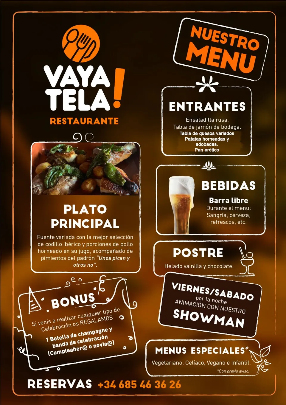 Carta del menú de cena Vaya Tela para despedidas en Gandia